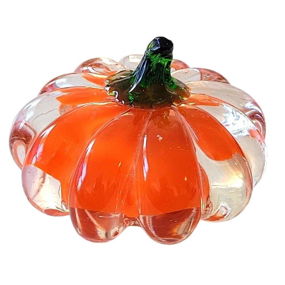 Vintage Crystal Clear Pumpkin Paperweight Orange & Clear Glass 5"
